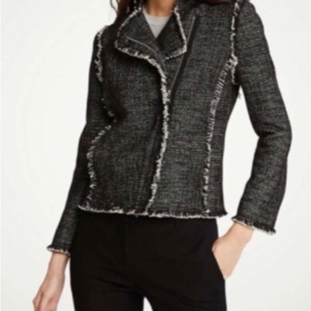 New Ann Taylor Black Tweed Fringe Asymmetrical Zip Moto Jacket Blazer - Picture 2 of 9